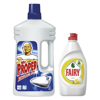 Pachet detergent universal Mr. Proper 1L + Detergent de vase Fairy Lemon, 450 ml Pachet detergent universal Mr. Proper 1L + Detergent de vase Fairy Lemon, 450 ml