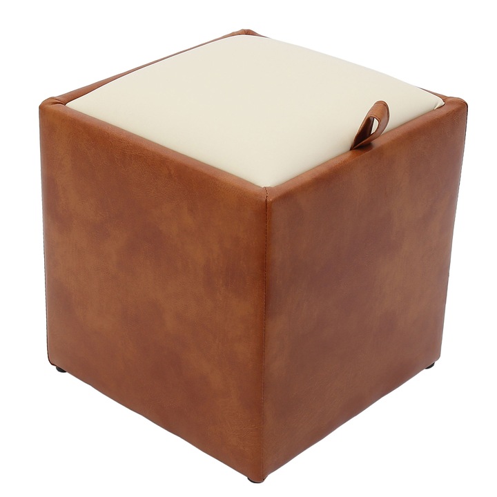 Taburet Box, piele ecologica Cognac/Crem
