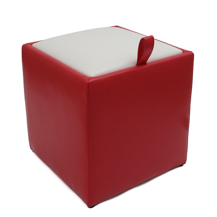Taburet Box, piele ecologica Rosu/Crem
