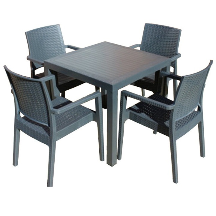 Set exterior gradina MATARANI masa patrata WOOD 90x90x75cm 4 scaune PARIS RATTAN polipropilen/fibra sticla culoare cafea