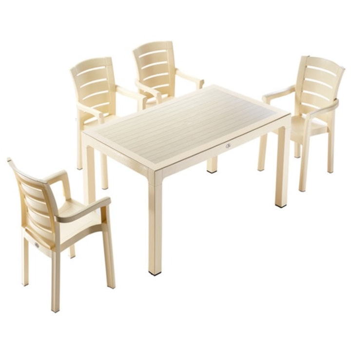 Set mobilier exterior YARADA masa patrata WOOD 90x90x75cm 4 scaune MILANO WOOD polipropilen/fibra sticla culoare capucino