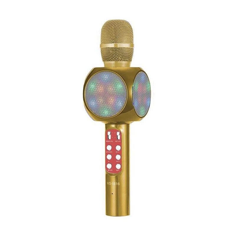 Microfon karaoke Bluetooth, FM, difuzor 3W, USB, slot SD, iluminat LED, auriu