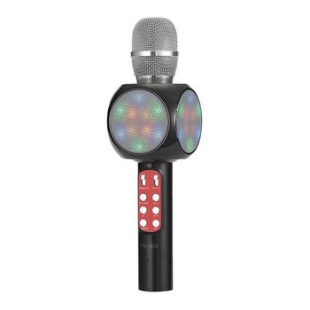 Microfon karaoke Bluetooth, FM, difuzor 3W, USB, slot SD, iluminat LED, negru Microfon karaoke Bluetooth, FM, difuzor 3W, USB, slot SD, iluminat LED, negru