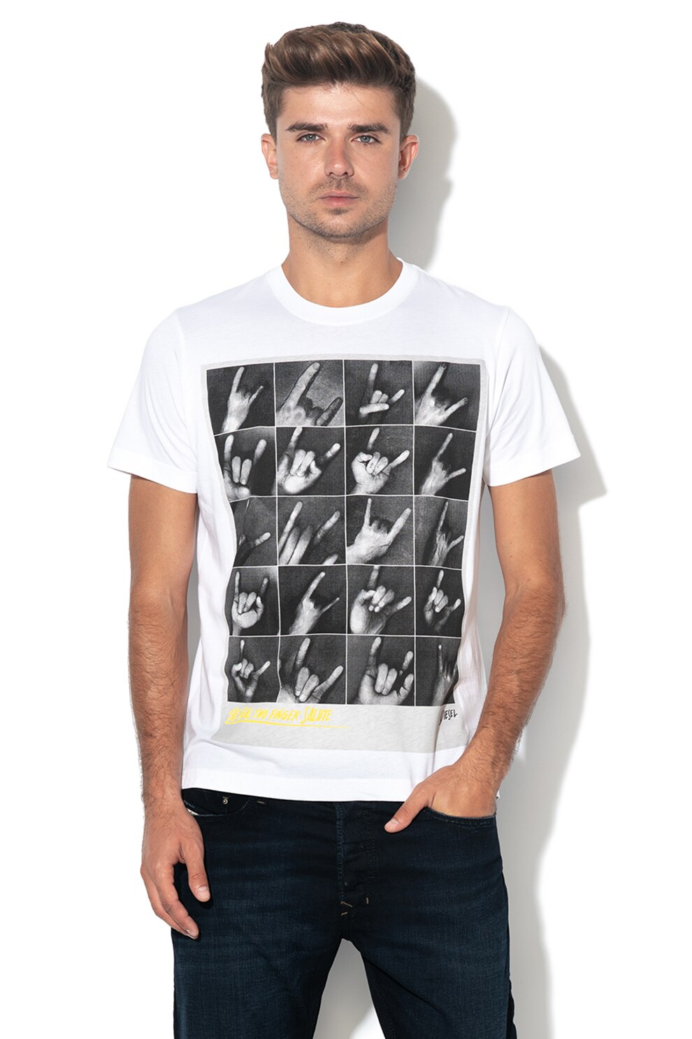 Diesel, Tricou cu imprimeu grafic Joe, Alb/Negru
