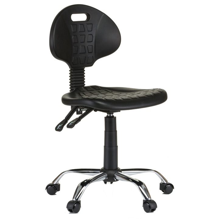 Scaun laborator QMOBILI 1290 ALPHA Negru, sezut si spatar poliuretan, baza cromata, mecanism syncron, role gumate