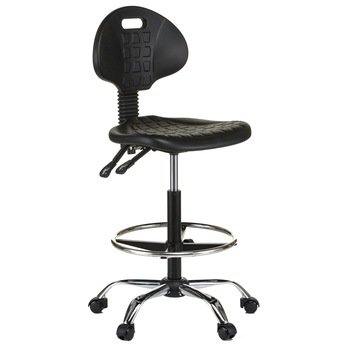 Scaun laborator QMOBILI 1290 EXT ALPHA Negru, suport picioare, sezut si spatar poliuretan, baza cromata, mecanism syncron, role gumate Scaun laborator QMOBILI 1290 EXT ALPHA Negru, suport picioare, sezut si spatar poliuretan, baza cromata, mecanism syncron, role gumate