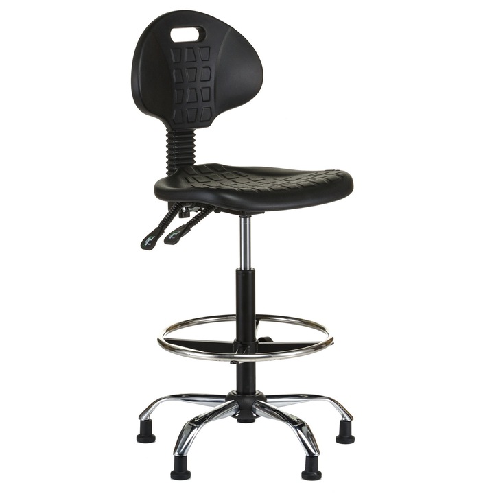 Laboratóriumi szék QMOBILI 1290 EXT ALPHA VE Fekete, lábtámasz, poliuretán ülés és háttámla, króm talp, szinkron mechanizmus, tapadókorongok