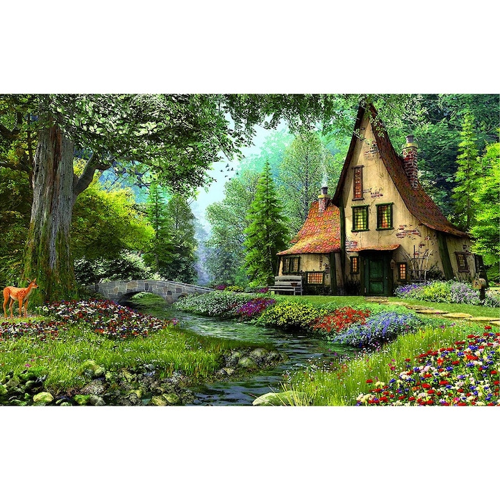 GRELYS PRINT Vászonfestés, erdő, ház, virág, szarvas, 80 x 50 cm, faváz, sokszínű