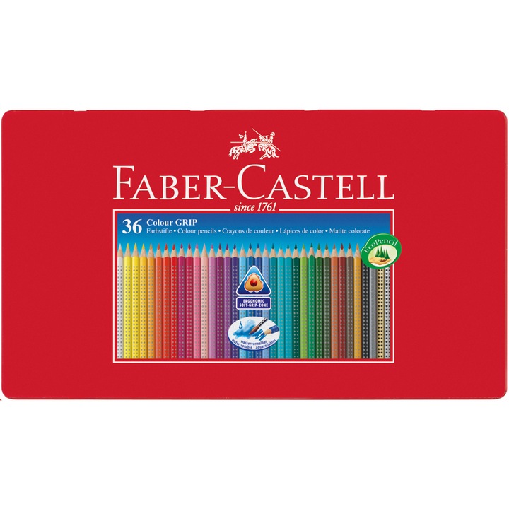 Creioane colorate Faber-Castell Grip 2001, 36 culori, cutie metal