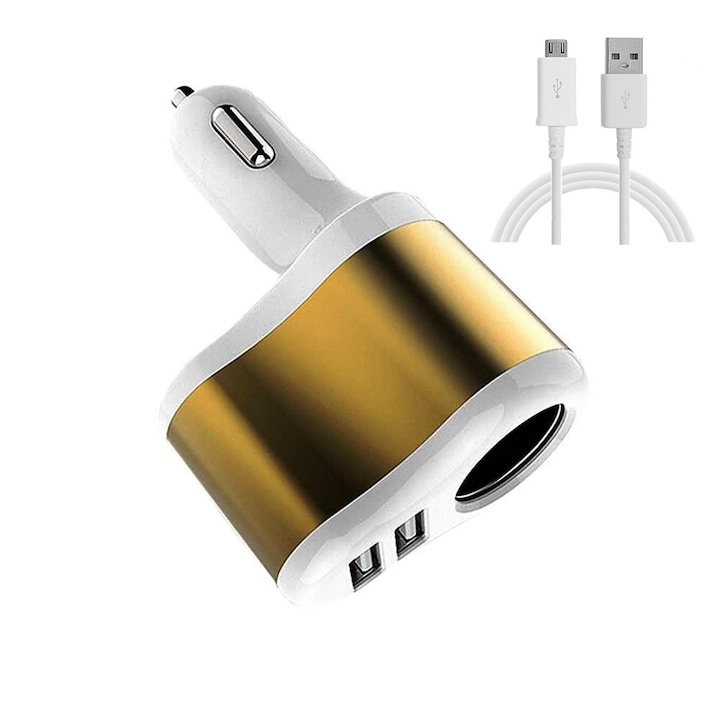 Зарядно/гнездо за кола, двойно, 2xUSB, гнездо за кола, злато + micro USB кабел за данни/зареждане (BBL070) бял, BBL385