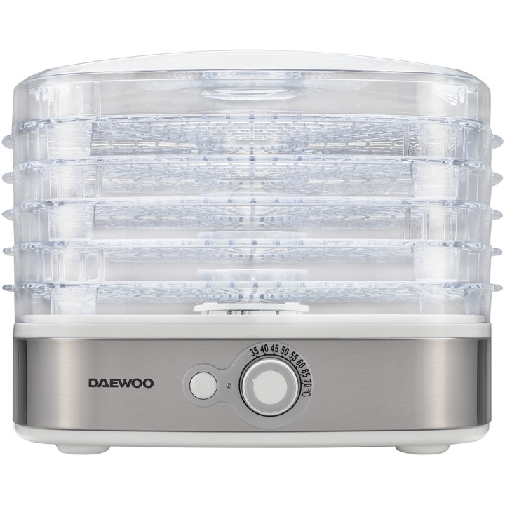 Deshidrator de alimente Daewoo DD450W, 400 W, 5 tavi, temperatura reglabila 35-70°C, ventilator integrat, inox