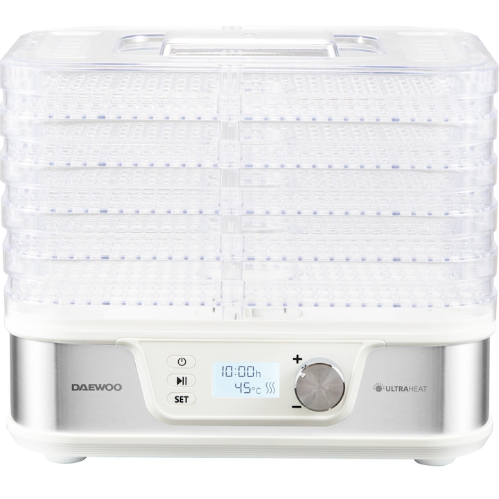 Deshidrator de alimente Daewoo DD500S, 400 W, 5 tavi, display digital, timer, temperatura reglabila 35-70°C, ventilator integrat, inox
