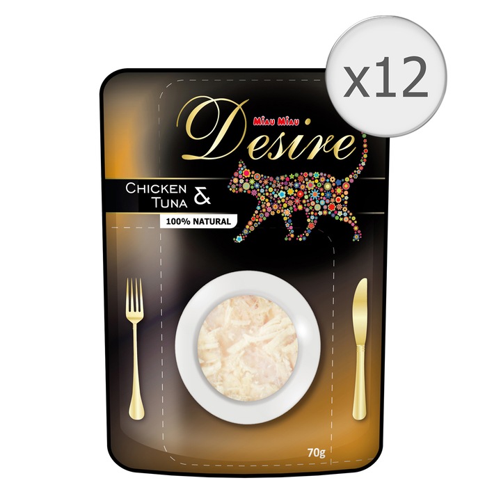 Hrana umeda pentru pisici Desire, Pui File si Ton, 12x70g