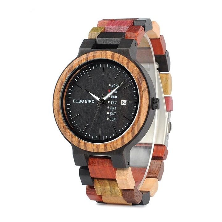 Дървен часовник Bobo Bird с дървена каишка, P14-1, Многоцветен