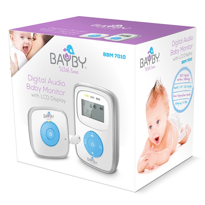 Monitor Digital Audio pentru bebelusi Bayby BBM 7010, Ecran LCD, 1,8GHz, 120 canale , 5 trepte volum, Alb/Argintiu