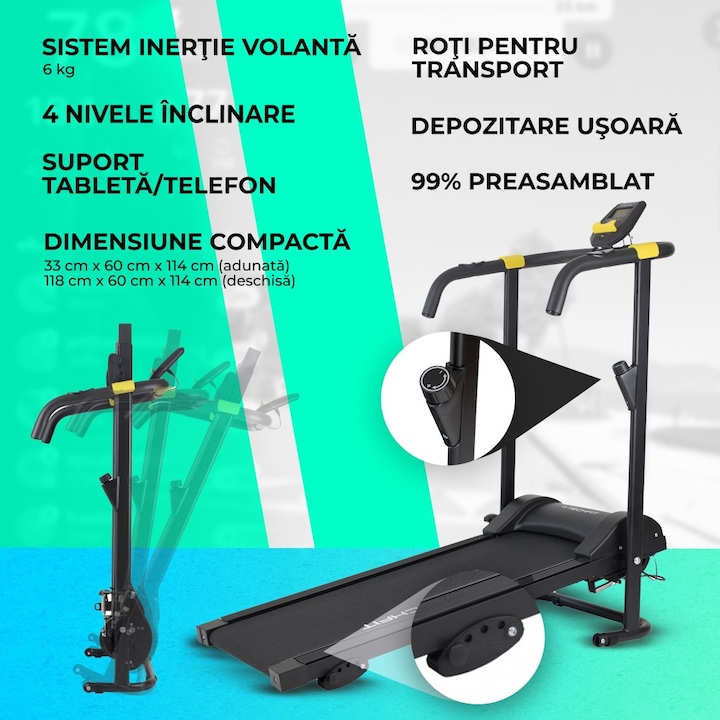 Banda de alergare magnetica TECHFIT® MT40, Volanta 4 Kg, Utilizator 100 kg, 4 trepte inclinatie, Sistem absortie socuri, Pliabila, Preasamblata, Recuperare Seniori