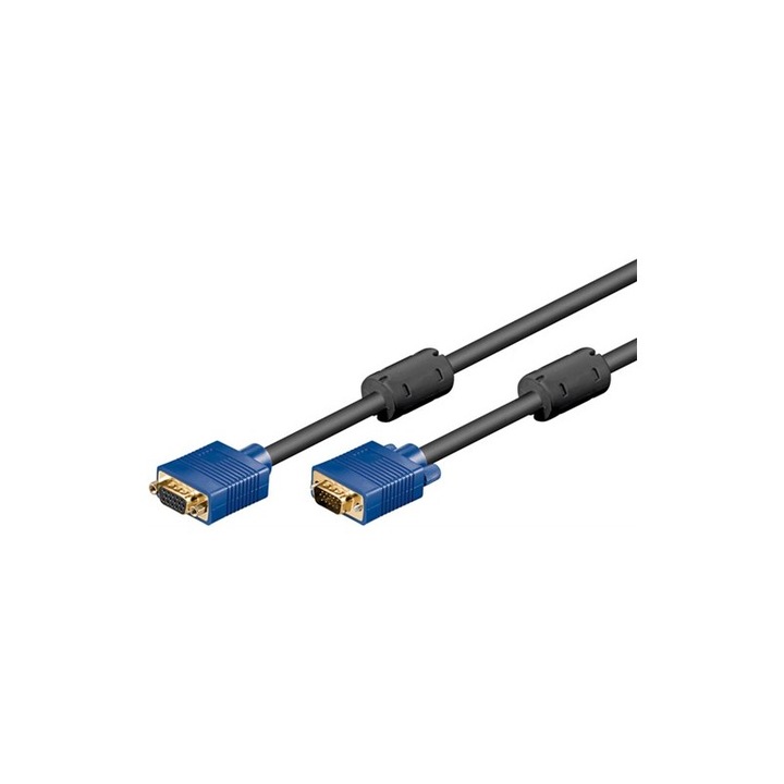 Cablu prelungitor monitor VGA 15p tata - VGA 15p mama dublu ecranat, filtru, conector albastru, 5m