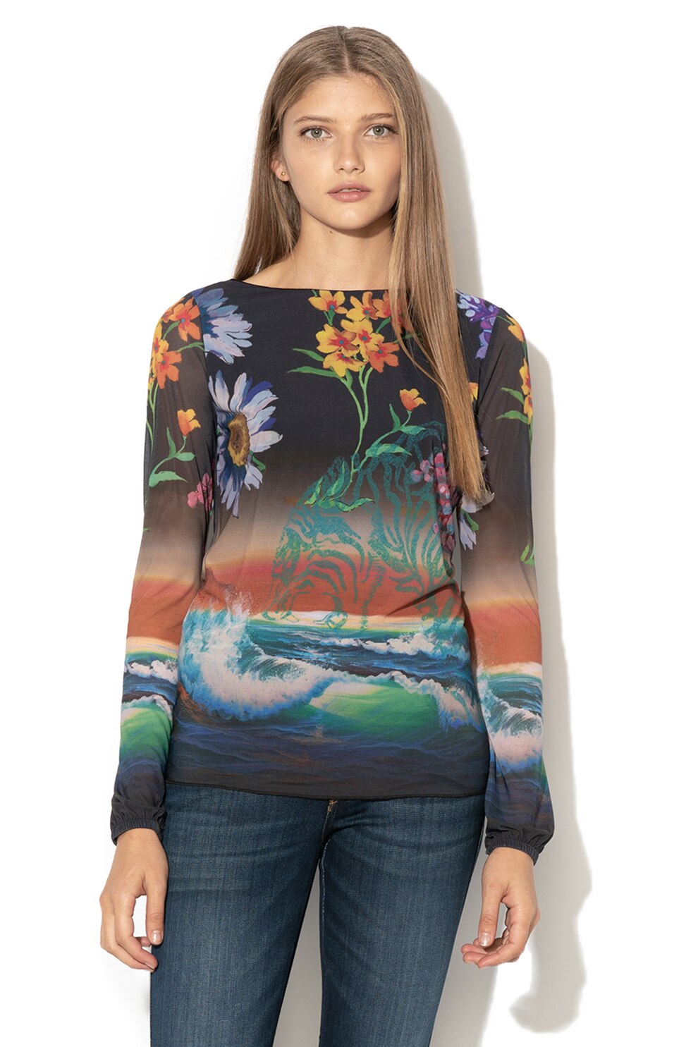 DESIGUAL, Bluza cu strat exterior de plasa si model floral Middelton, Multicolor