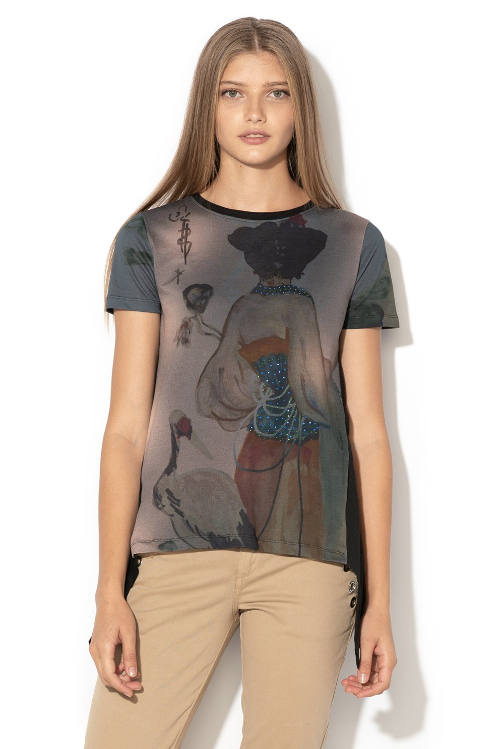 DESIGUAL, Tricou de bumbac cu aplicatii de strasuri Tokio, Negru/Gri