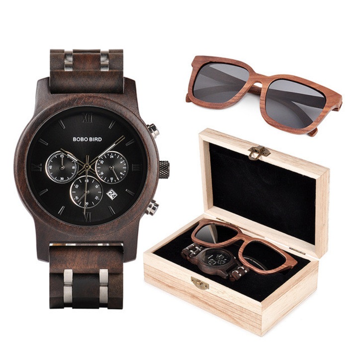Комплект мъжки часовник Bobo Bird, P19, Със слънчеви очила, От дърво