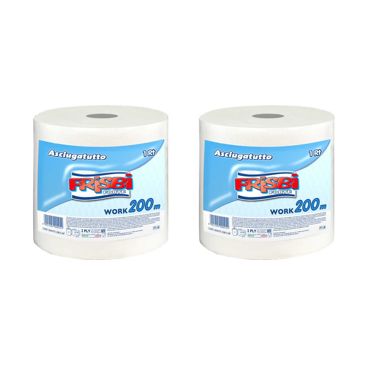 Pachet Promo 2 bucati x Rola prosop hartie Frisbi Forte, 2 straturi, 200 m, alb, 100% celuloza pura