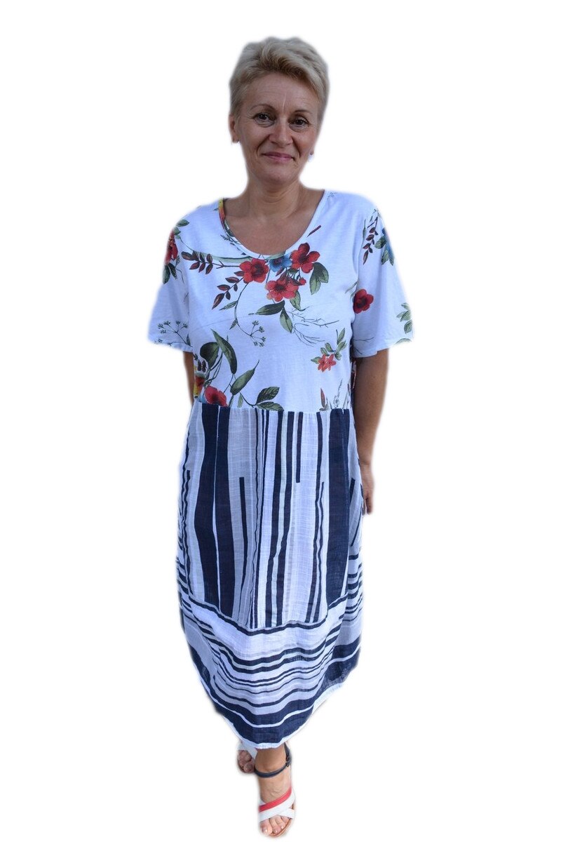 Rochie casual ,imprimeu floral si dungi,D&J Exclusive, Bleumarin-Alb