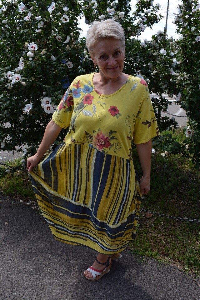 Rochie casual ,imprimeu floral si dungi,D&J Exclusive, Galben