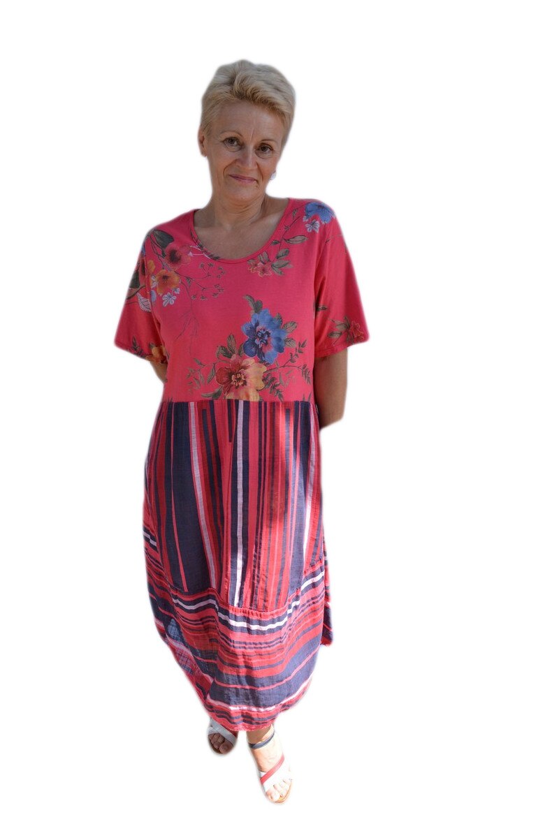 Rochie casual ,imprimeu floral si dungi,D&J Exclusive, Bleumarin-rosu