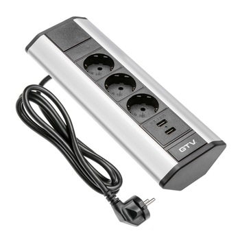 Grup prize birou, perete - colt 90⁰, 3 X SCHUKO, 2 X USB 2.1A 5V, maxim 2500W, cablu alimentare 1.5M Grup prize birou, perete - colt 90⁰, 3 X SCHUKO, 2 X USB 2.1A 5V, maxim 2500W, cablu alimentare 1.5M