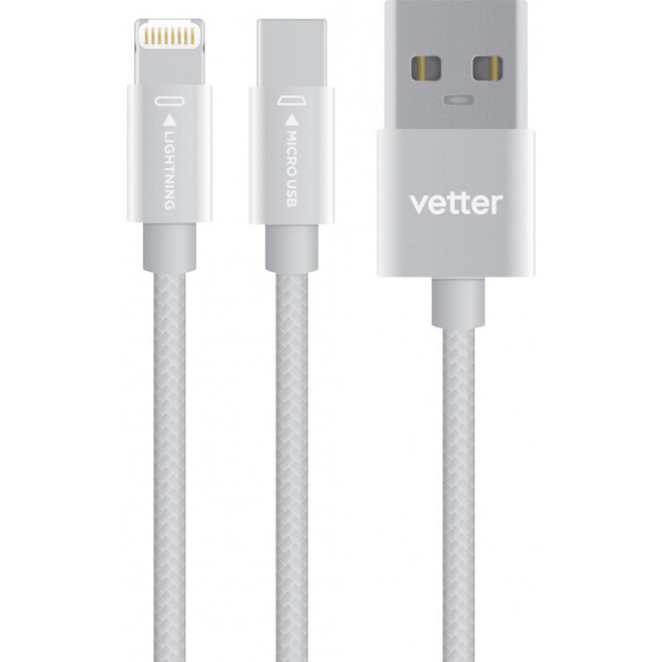 Cablu de date Vetter Dual, Lightning - MicroUSB, Nylon Braided Wire, 1m, Grey