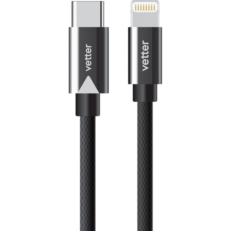 Cablu de date Vetter PD Quick Charge, Nylon Braided, Type C Cable - Lightning, Black