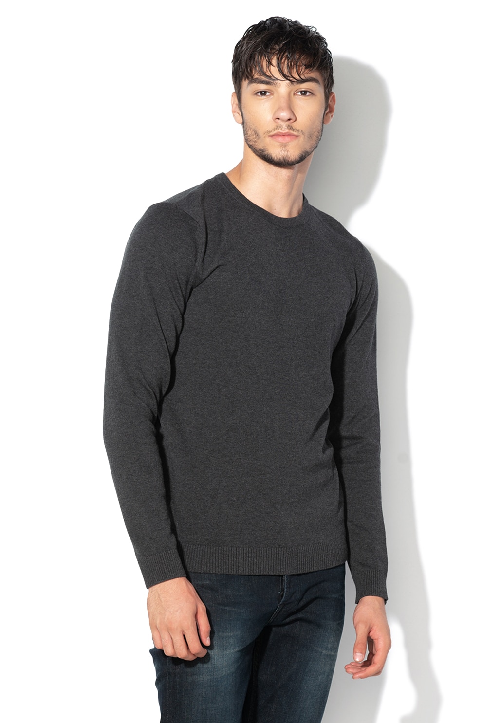 Jack & Jones, Pulover tricotat fin din bumbac organic Basic, Gri