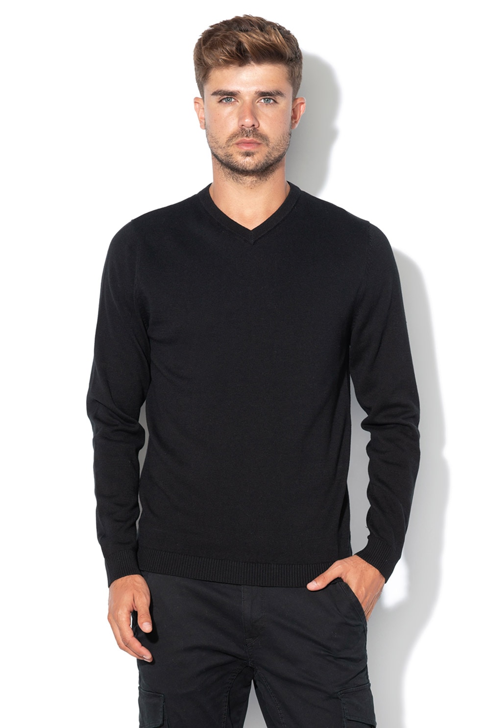 Jack&Jones, Pulover cu decolteu in V, Negru