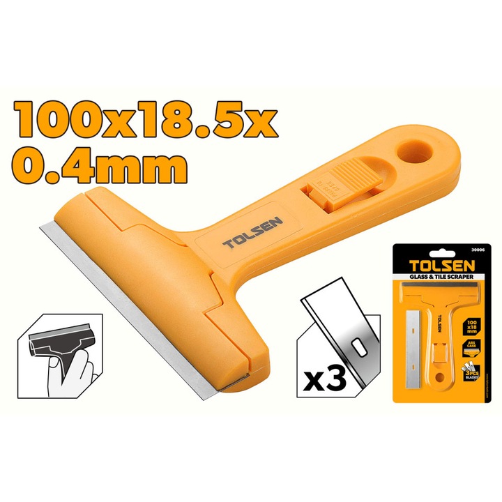 Razuitoare geam TOLSEN 100x18.5mm, carcasa din ABS rezistent, lama ascutita pentru curatarea eficienta a vopselei, adezivului si murdariei de pe sticla si alte suprafete netede