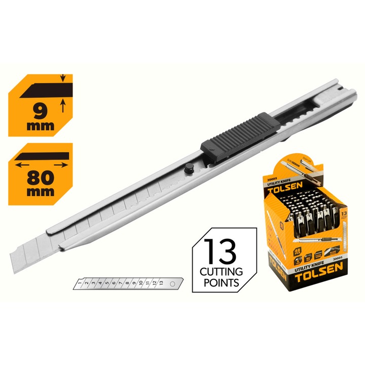 Cutter TOLSEN cu lama clic 9x80mm, carcasa otel inoxidabil, buton plat, design compact si precis pentru taieturi fine in hartie, folie si materiale usoare