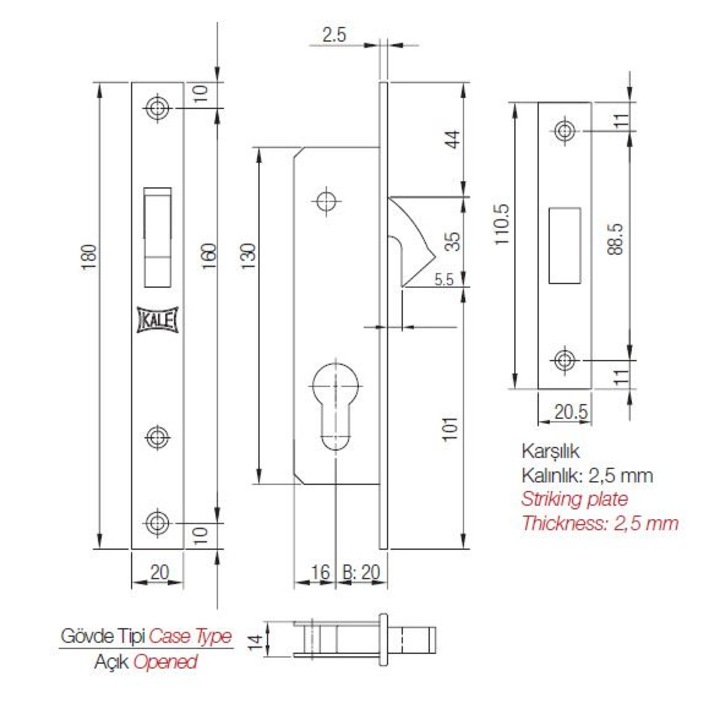 Секретна брава за алуминиеви и PVC врати с падащ език тип "кука" Kara-ka, KALE 201-20mm, за секретен ключХром