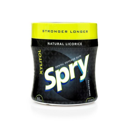 Guma de mestecat cu xylitol, Spry de la Xlear, fara zahar, 100% ingrediente naturale, aroma lemn dulce (licorice), ​borcan 55 bucati