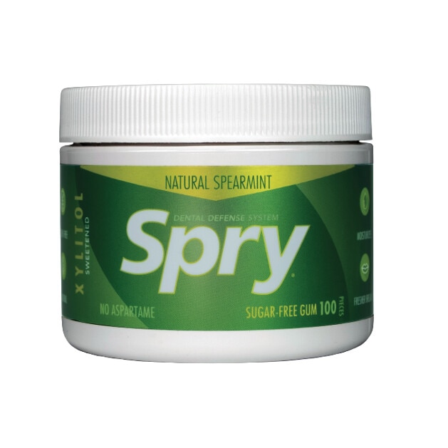 Guma de mestecat cu xylitol, Spry de la Xlear, fara zahar, 100% ingrediente naturale, aroma menta creata (spearmint), borcan 100 bucati
