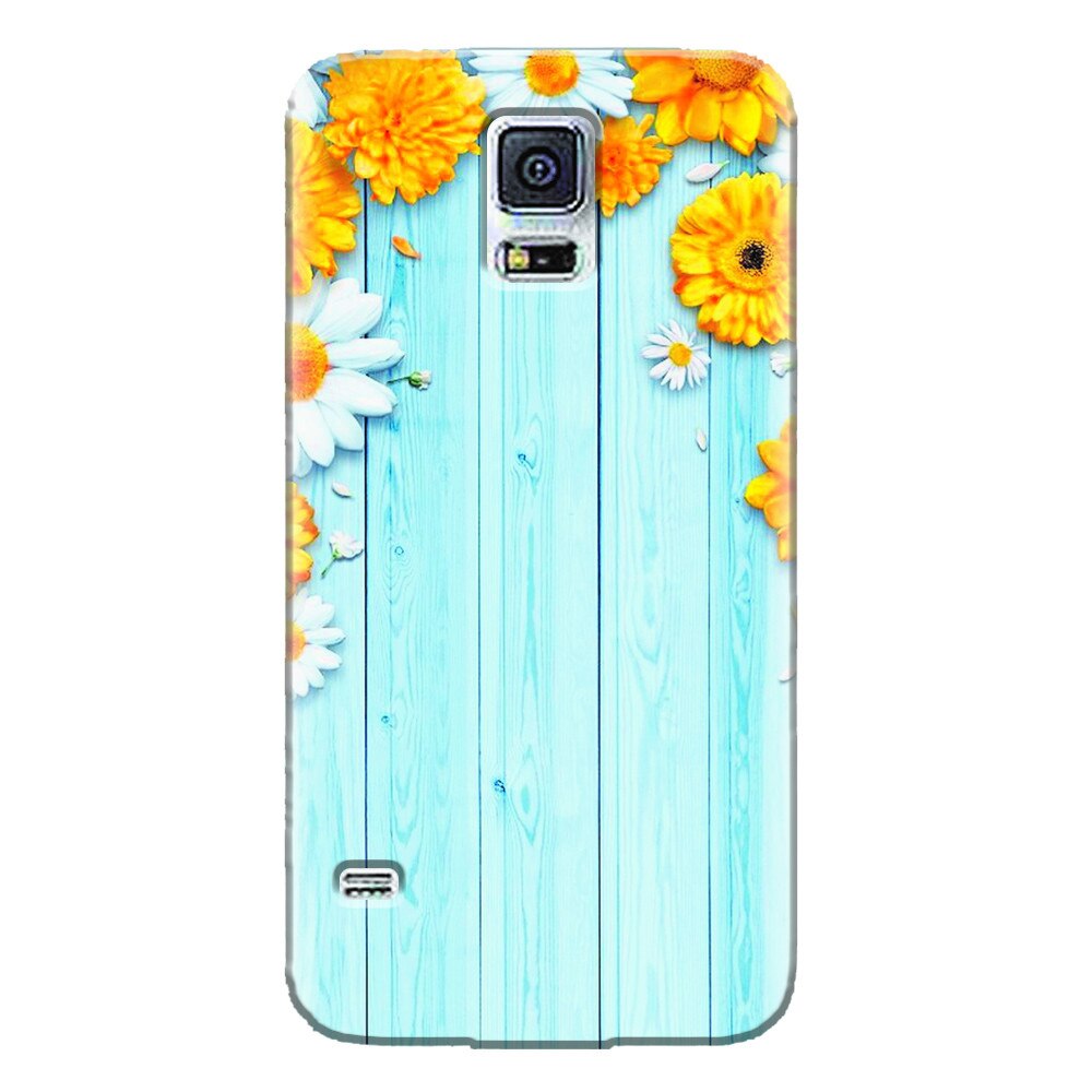 Husa silicon pentru Samsung Galaxy S5 Mini, Sunflower On Blue Wood