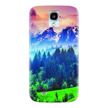 Husa silicon pentru Samsung Galaxy S4, Forest Hills Snowy Mountains And Sunset Clouds Husa silicon pentru Samsung Galaxy S4, Forest Hills Snowy Mountains And Sunset Clouds