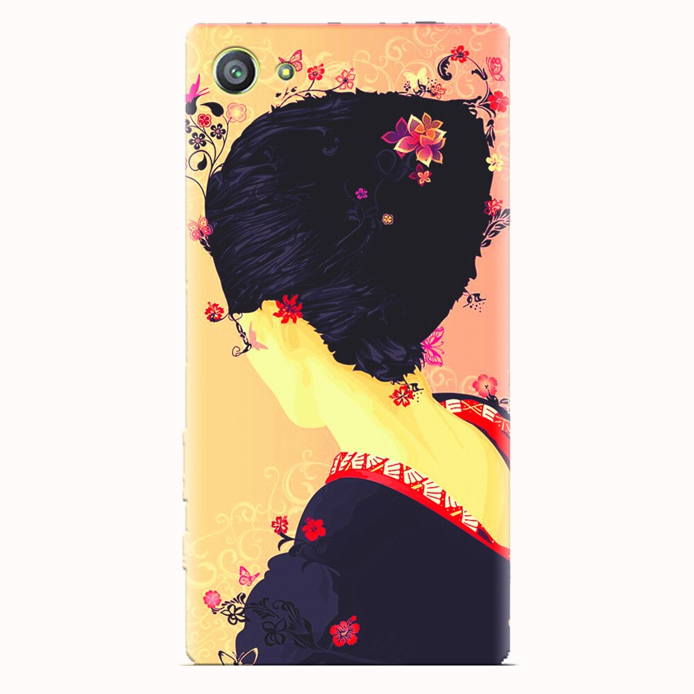 Husa silicon pentru Sony Xperia Z5 Compact, Japanese Geisha Illustration Cherry Blossom
