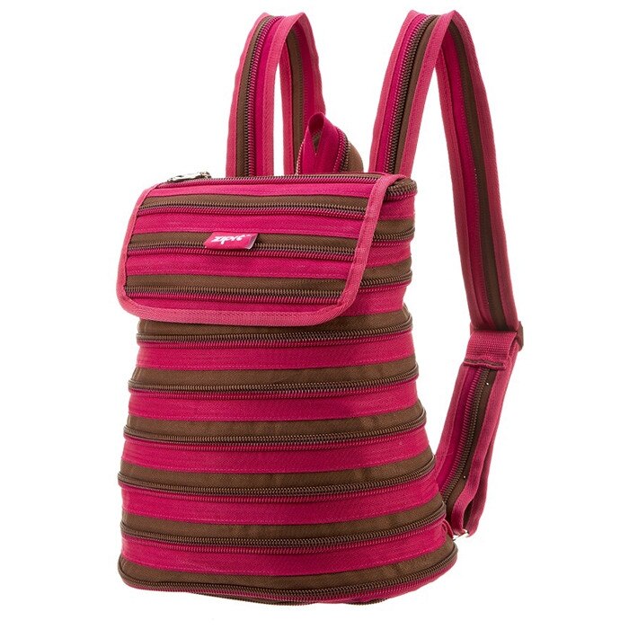 Rucsac 33 cm Zipper fuchsia cu fermoar maro Zippit