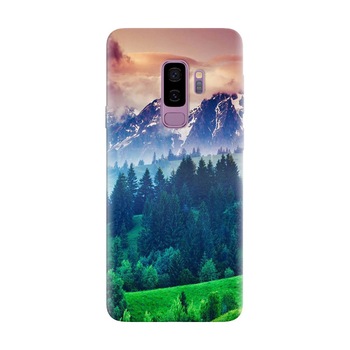 Husa silicon pentru Samsung Galaxy S9, Forest Hills Snowy Mountains And Sunset Clouds Husa silicon pentru Samsung Galaxy S9, Forest Hills Snowy Mountains And Sunset Clouds