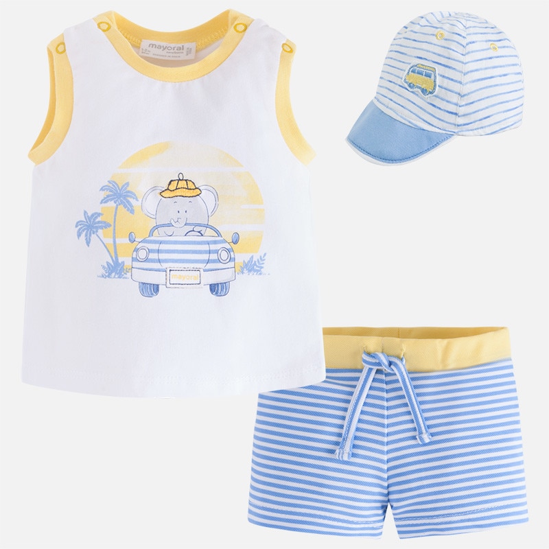 Set baie baiat palarie, maiou si pantaloni scurti Mayoral 1664PV18AZ, Multicolor