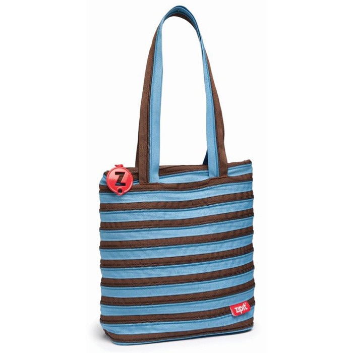 Geanta de umar 28 cm premium tote bag albastru cu fermoar maro Zipit