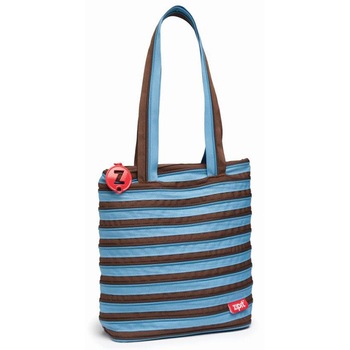 Geanta de umar 28 cm premium tote bag albastru cu fermoar maro Zipit Geanta de umar 28 cm premium tote bag albastru cu fermoar maro Zipit