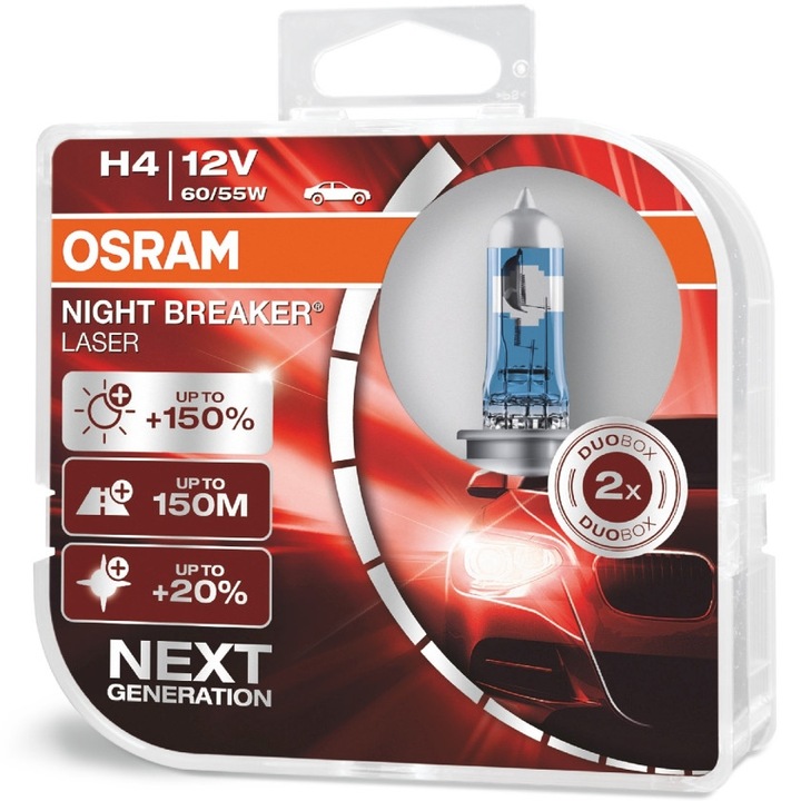 Set 2 Becuri auto halogen Osram H4 Night Breaker Laser NEXT GENERATION +150%, 60/55W, 12V