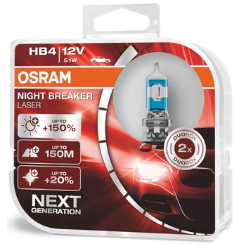 Set 2 Becuri auto halogen Osram HB4 Night Breaker Laser NEXT GENERATION +150%, 51W, 12V Set 2 Becuri auto halogen Osram HB4 Night Breaker Laser NEXT GENERATION +150%, 51W, 12V
