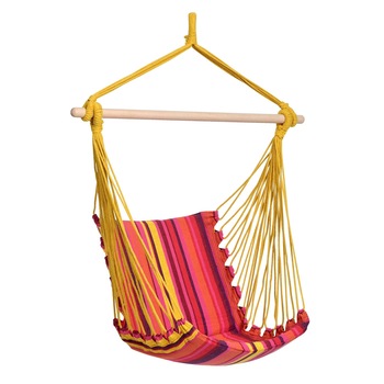 Hamac tip scaun, rosu-galben,cu bara din lemn, 104 x 56 cm, usor de impachetat si transportat Hamac tip scaun, rosu-galben,cu bara din lemn, 104 x 56 cm, usor de impachetat si transportat