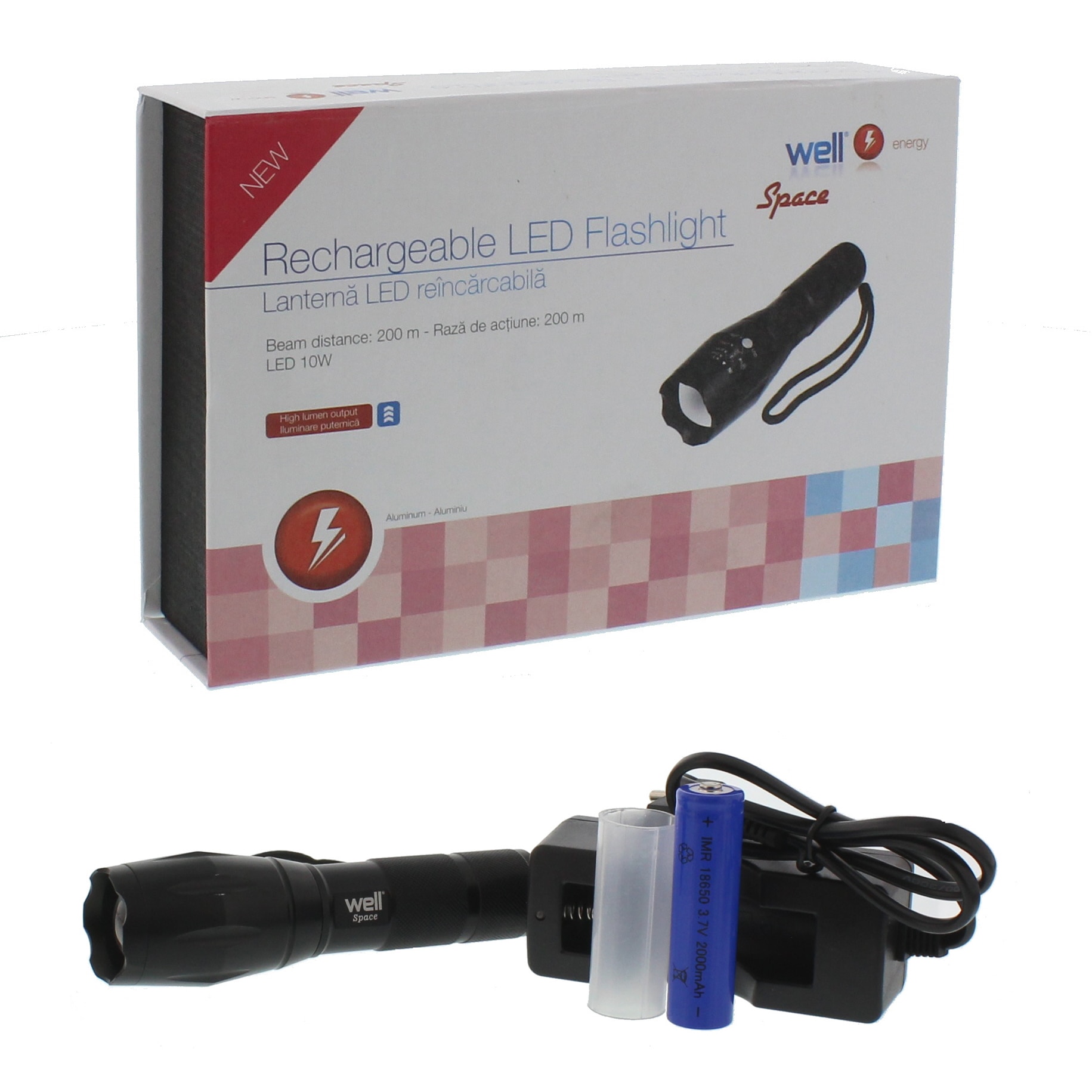 Lanterna LED reincarcabila Well Space, 10W, 600 lm, Li-Ion 1200mAh, Aluminiu